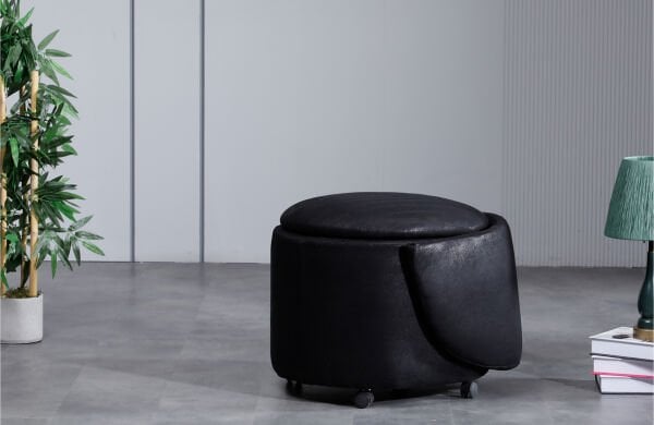 Form Bazalı Siyah Tekerlek Ayaklı Hafif Nubuk Kumaş Sırtlı-Sırtsız Puf