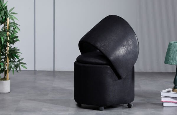 Form Bazalı Siyah Tekerlek Ayaklı Hafif Nubuk Kumaş Sırtlı-Sırtsız Puf