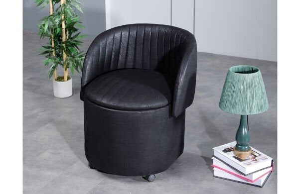 Form Bazalı Siyah Tekerlek Ayaklı Hafif Nubuk Kumaş Sırtlı-Sırtsız Puf