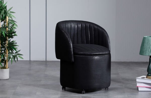 Form Bazalı Siyah Tekerlek Ayaklı Hafif Nubuk Kumaş Sırtlı-Sırtsız Puf